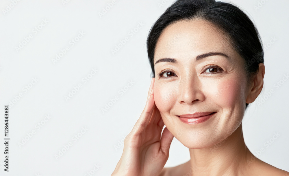 Mature Asian woman with radiant youthful skin smiles tenderly while standing against white background, promoting beauty, skin care and healthy aging with her fresh and natural appearance. Mature Asian woman with radiant youthful skin smiles tenderly while standing against white background, promoting beauty, skin care and healthy aging with her fresh and natural appearance.
