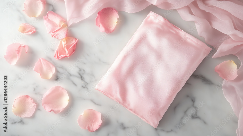Pastel pink sachet with rose petals on a marble surface Pastel pink sachet with rose petals on a marble surface