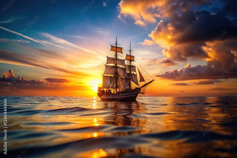 Fototapeta premium Sunrise Ship Silhouette, Tilt-Shift Vintage Vessel, Calm Waters, Elegant Seascape Photography