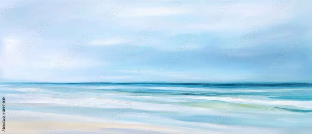 Fototapeta premium Calm ocean waves gently lapping at a sandy beach under a clear blue sky. Tranquil coastal scenery for relaxation, meditation, or travel themes.