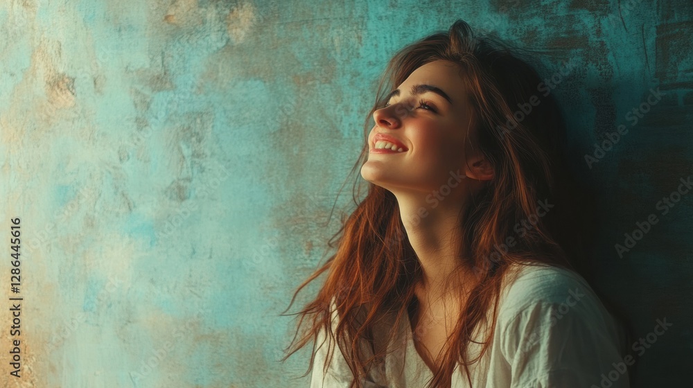 Fototapeta premium Cheerful woman in casual outfit looking away and smiling
