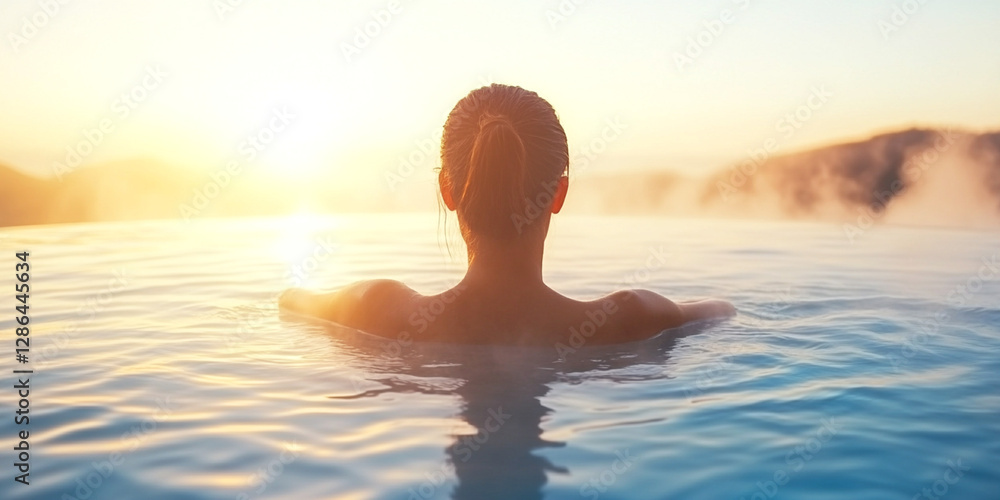 Person relaxing in an infinity pool at sunrise, enjoying peaceful mountain views and a serene atmosphere Person relaxing in an infinity pool at sunrise, enjoying peaceful mountain views and a serene atmosphere