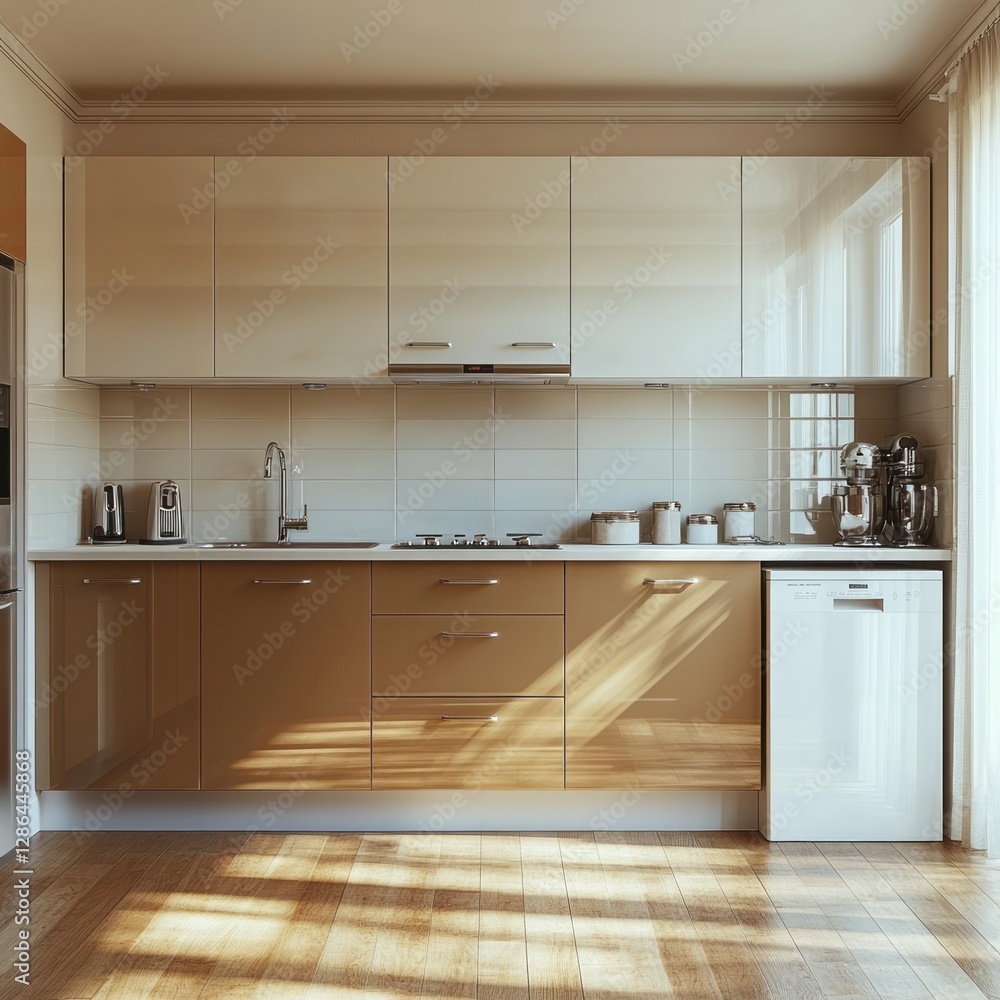 Fototapeta premium Modern kitchen design with glossy cabinets and hardwood floor