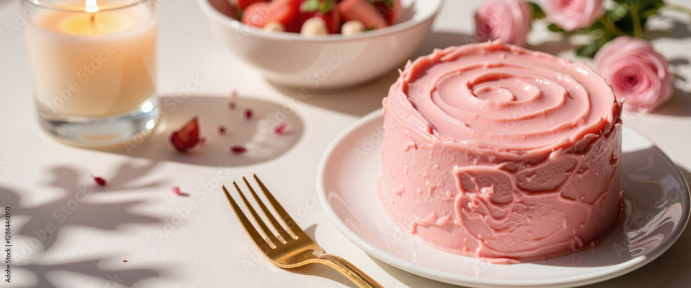 Elegant pink cake with golden fork in romantic candlelight, celebration Elegant pink cake with golden fork in romantic candlelight, celebration