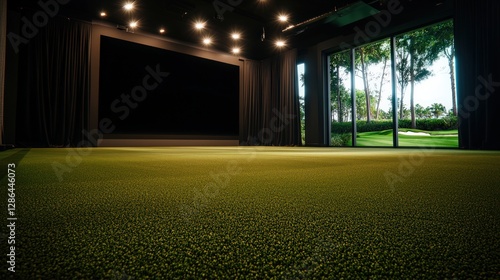 Indoor Golf Simulation Room with Green Turf and Large Windows Overlooking a Scenic Outdoor View