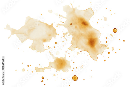 Abstract coffee stains and splashes in various shapes and sizes, creating a textured pattern, isolated on white background