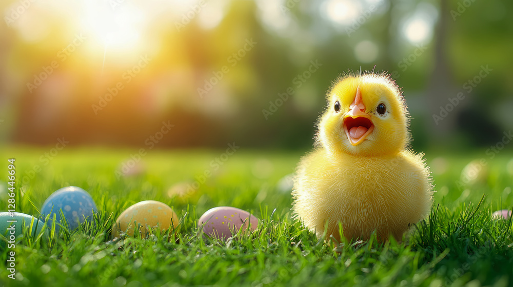 Easter Springtime: Cheerful Chick and Colorful Eggs on Green Lawn, Holiday Celebration Print Easter Springtime: Cheerful Chick and Colorful Eggs on Green Lawn, Holiday Celebration Print