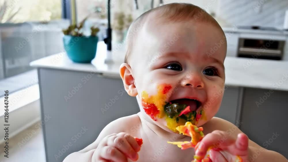 funny baby stained with food after eating in the modern kitchen funny baby stained with food after eating in the modern kitchen