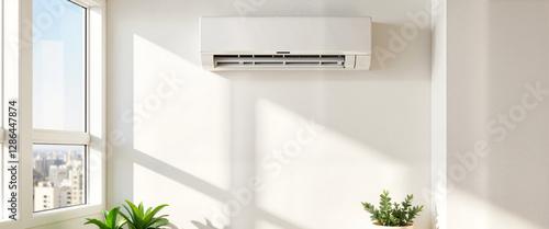 Split system AC unit in bright office with morning sunlight, calm ambiance