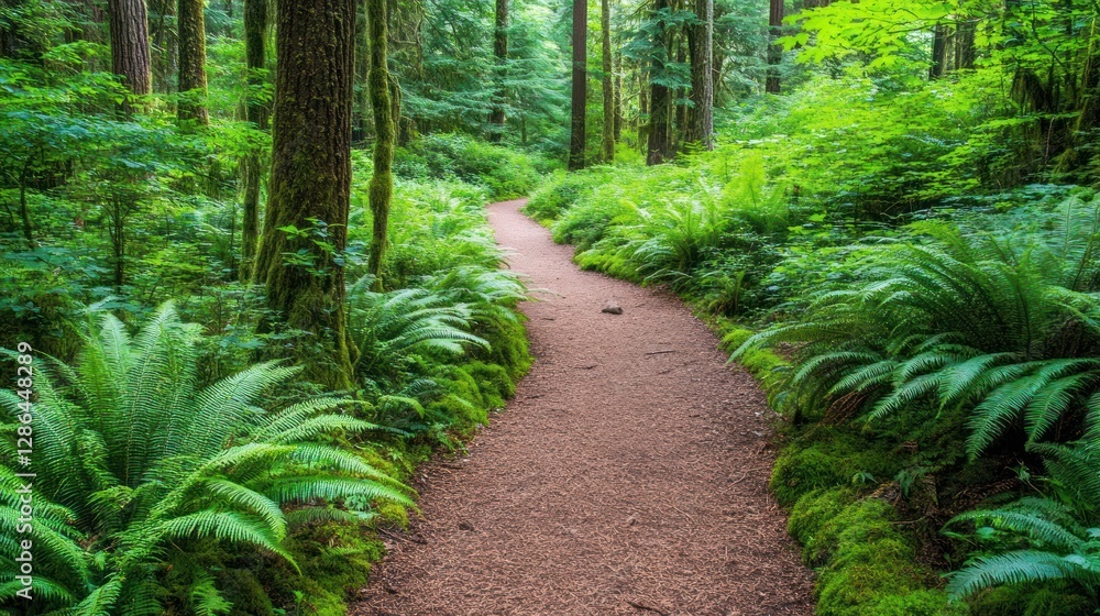Obraz premium Walking Trail Through Lush Green Forest with Ferns and Moss
