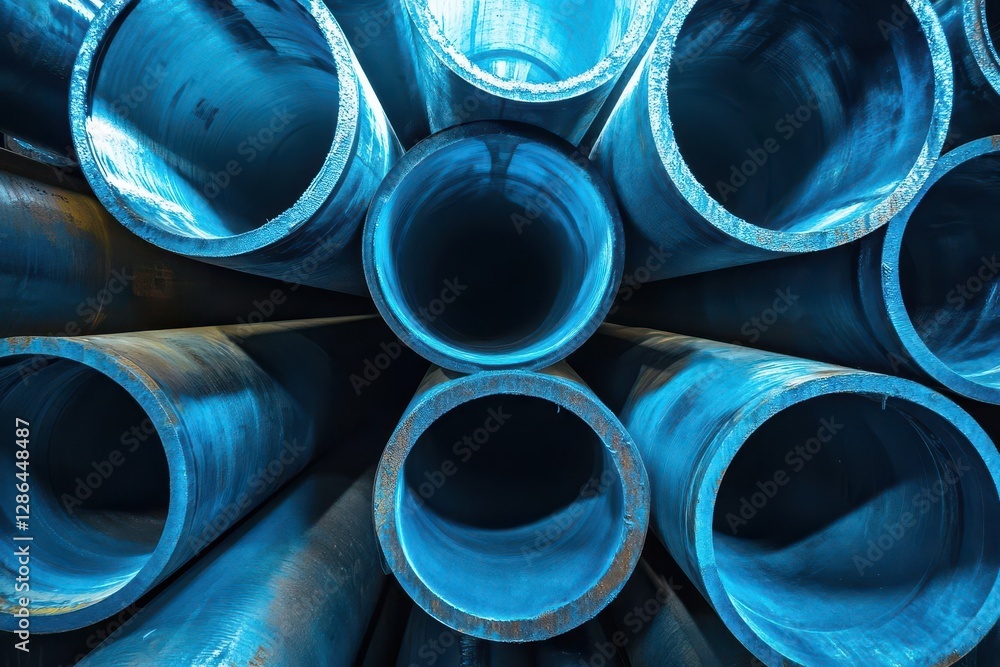 gleaming steel beams and pipes stacked in a cavernous warehouse cool blue lighting casting stark shadows a gritty industrial vibe raw power in structured chaos gleaming steel beams and pipes stacked in a cavernous warehouse cool blue lighting casting stark shadows a gritty industrial vibe raw power in structured chaos