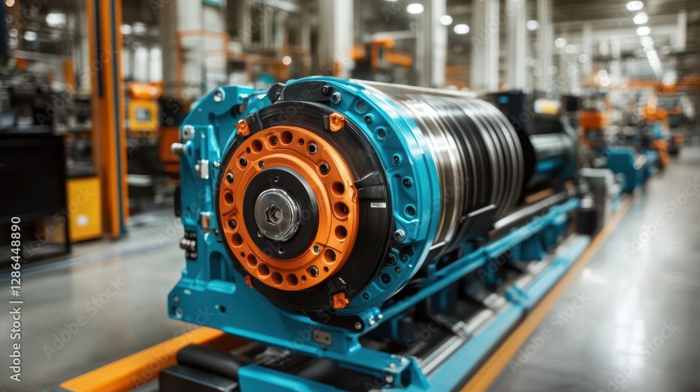 A factory machine with distinctive orange wheels is prominently positioned, showcasing its robust design and industrial purpose in a manufacturing environment. A factory machine with distinctive orange wheels is prominently positioned, showcasing its robust design and industrial purpose in a manufacturing environment.