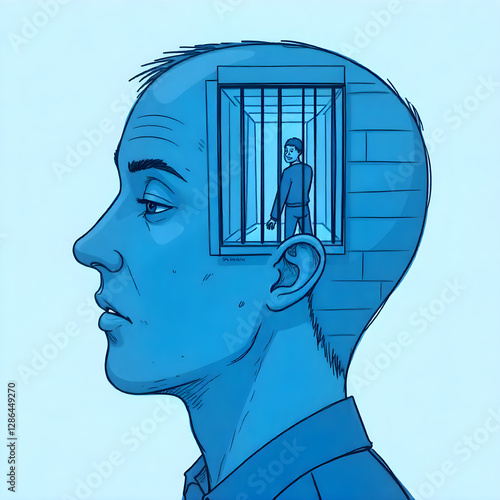 Vector illustration of a man in a human head in prison, struggle, lack of creativity, and restrictions on the concept of freedom of thought