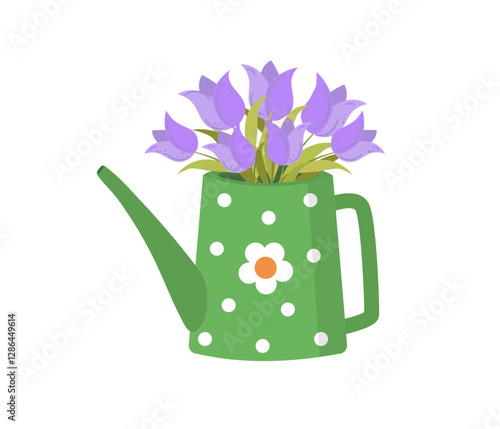 Flowers, tulips in watering can. Spring season. Holiday International Women's Day, March 8. Drawing, vector graphics.