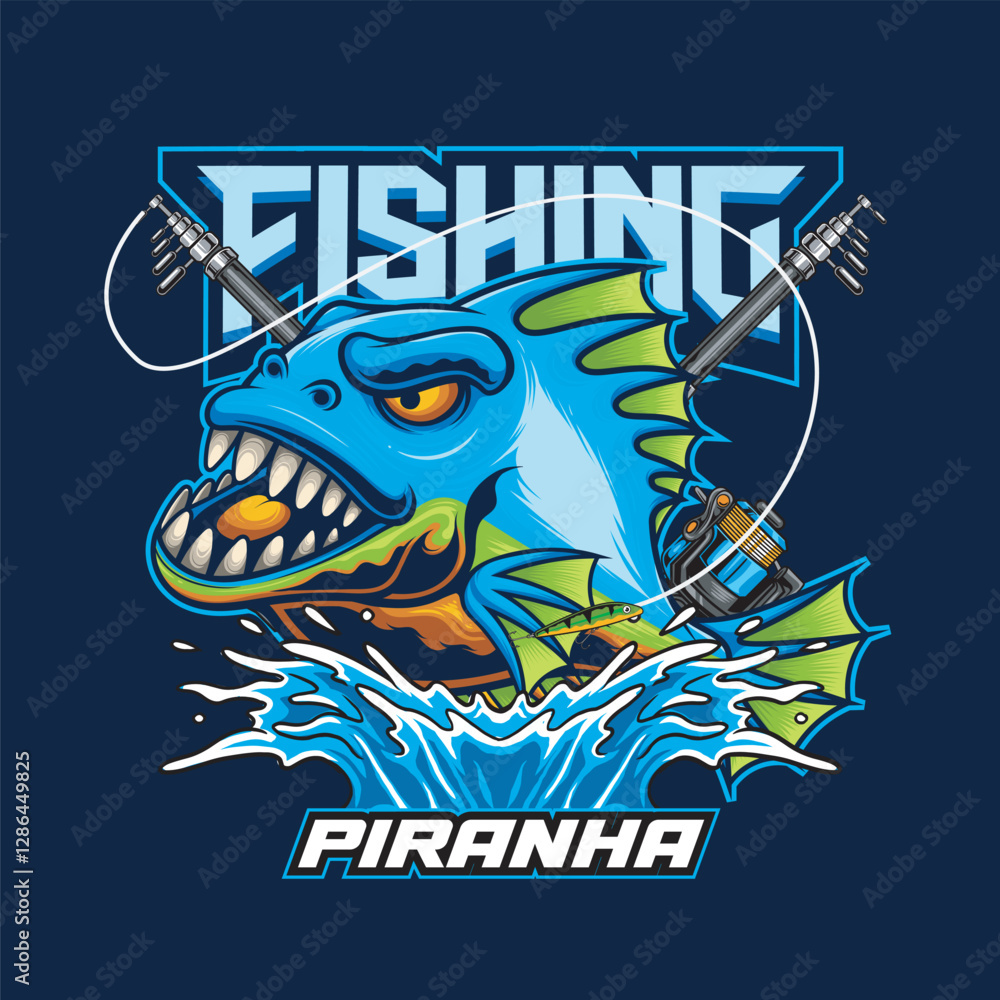 Fototapeta premium Vector Illustration of Piranha Fish with Fishing Rod in Detailed Vintage Illustration Available for Logo Badge