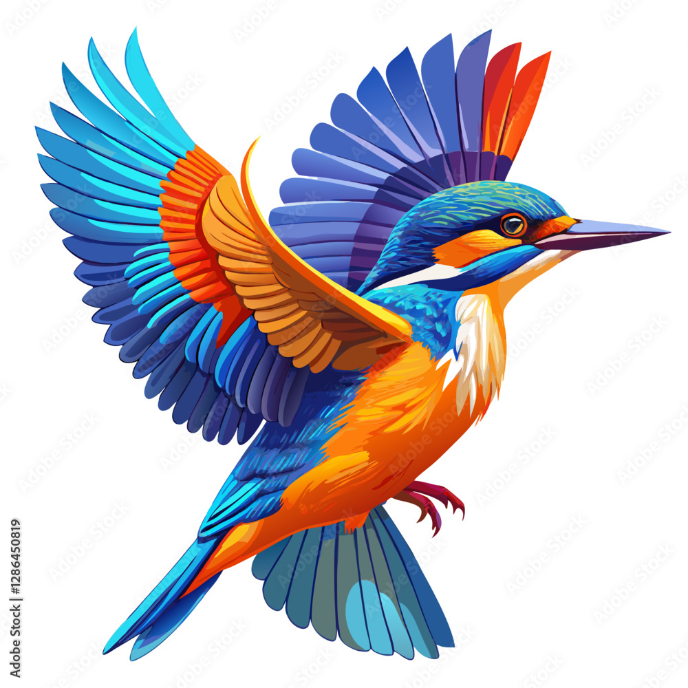 Obraz premium Vibrant Kingfisher in Flight – Geometric and Origami-Inspired Illustration with Bold Blue and Orange Plumage
