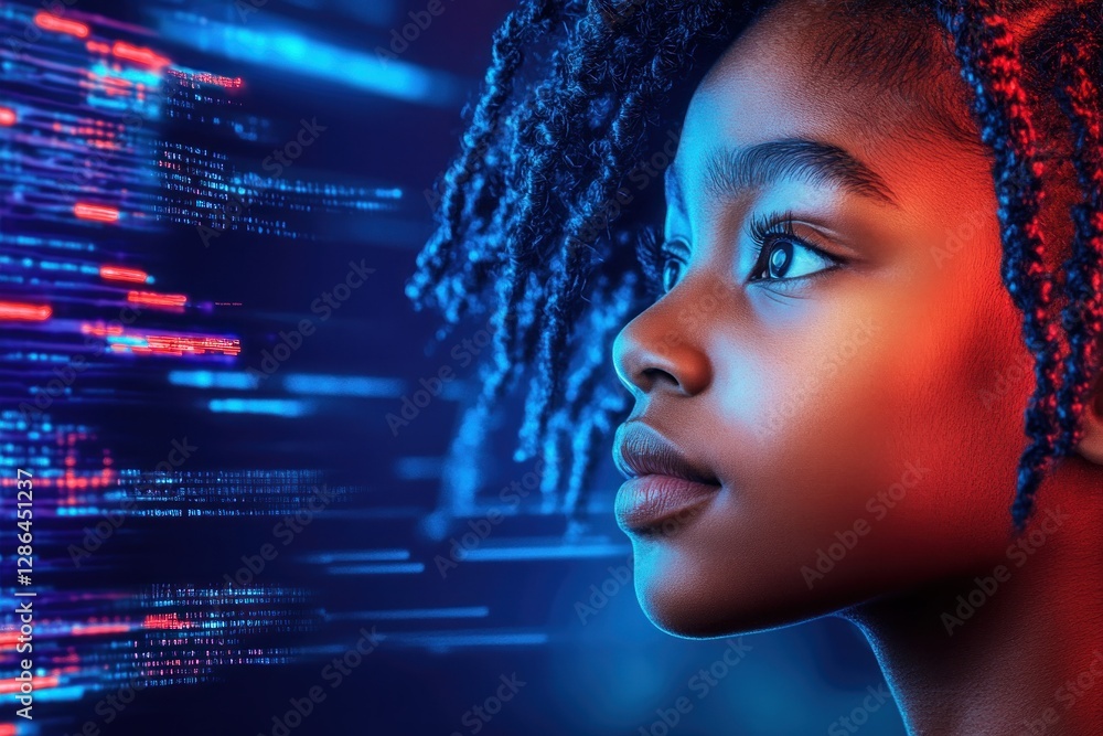 Discover stunning AI-generated digital artwork featuring a Black female IT professional, artfully blending human elements with cybersecurity themes Explore the future of tech and diversity through Discover stunning AI-generated digital artwork featuring a Black female IT professional, artfully blending human elements with cybersecurity themes Explore the future of tech and diversity through