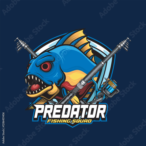 Vector Illustration of Piranha Fish with Fishing Rod in Detailed Vintage Illustration Available for Logo Badge