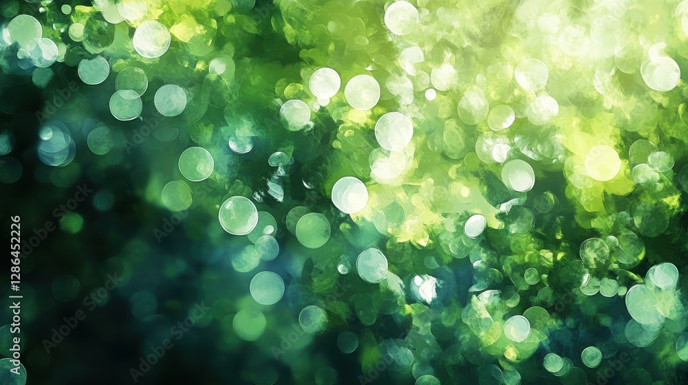 Obraz premium Green bokeh background with soft light spots, blurred foliage, abstract nature texture for fresh design, wallpaper, and natural themed projects.