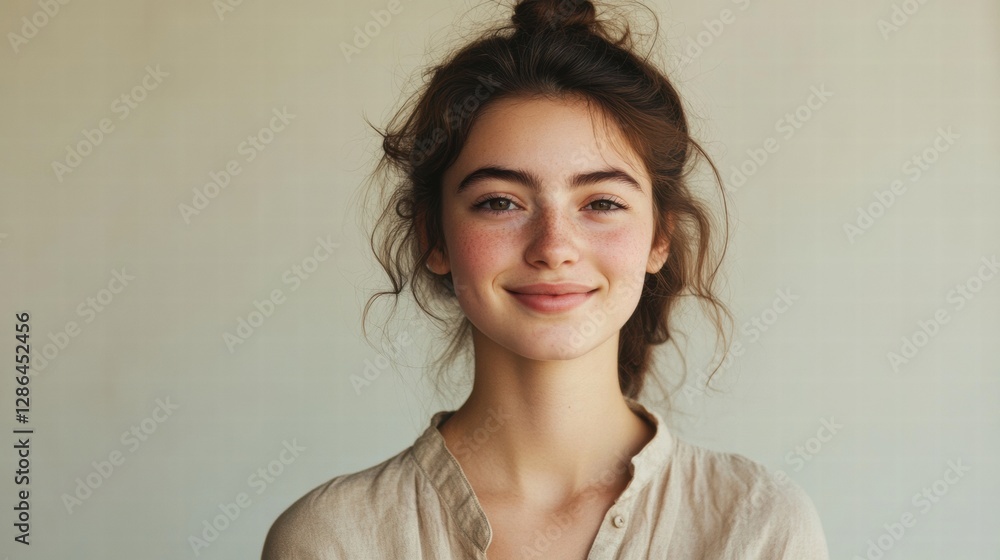 Calm Young Woman Smiling Softly While Posing in a Ne, jpeg Calm Young Woman Smiling Softly While Posing in a Ne, jpeg