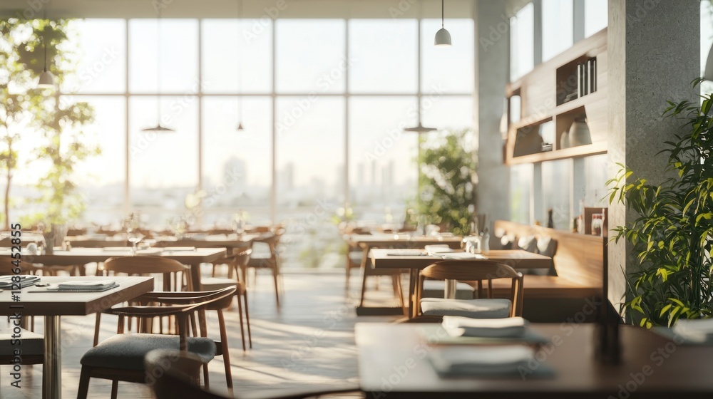 Fototapeta premium Sunlit Modern Restaurant with City Views