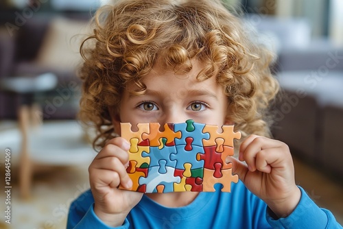 A joyful young boy with curly hair holds up a completed puzzle piece, showcasing a mix of vibrant colors in a cozy living room.