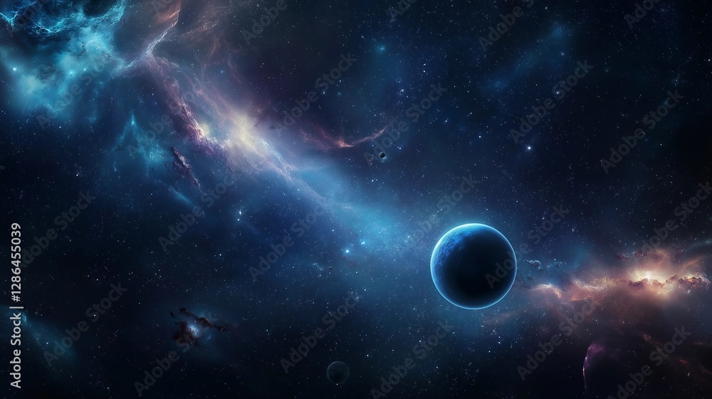 Obraz premium Cosmic Landscape with Blue Planet and Nebula Wallpaper Background