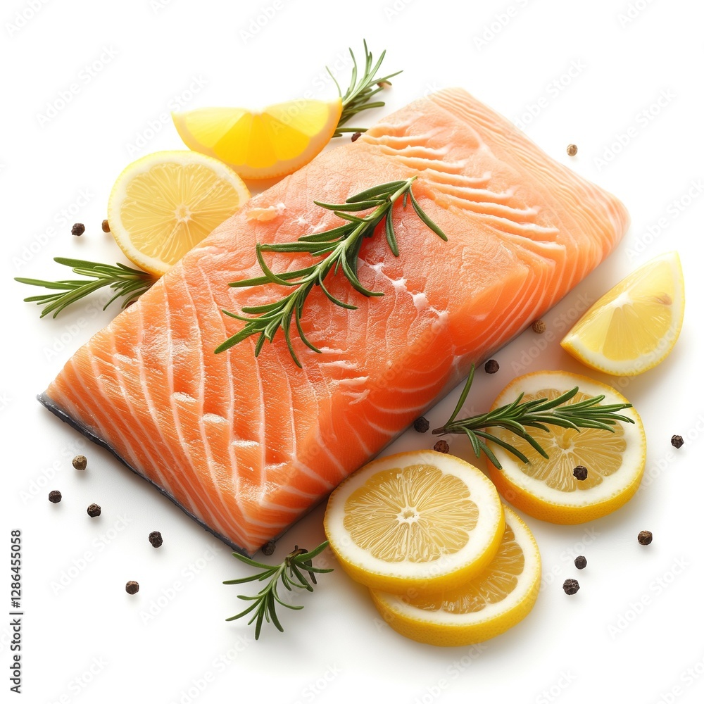 Fresh salmon fillet garnished with lemon slices and rosemary for a vibrant culinary presentation.