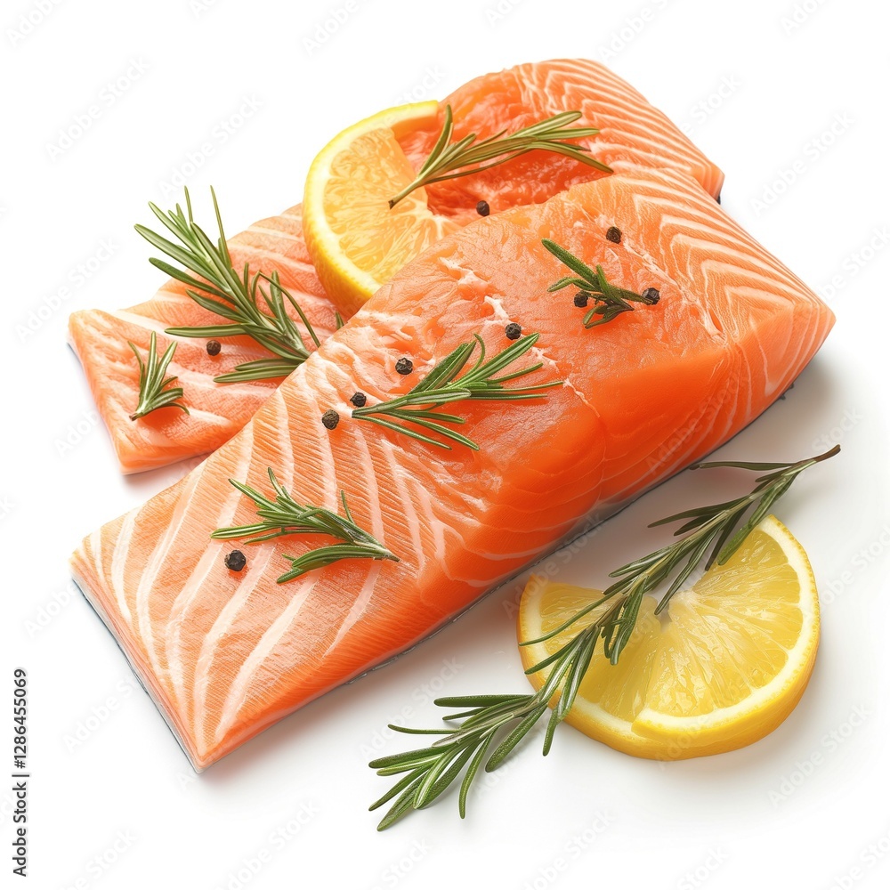 Fresh salmon fillets garnished with rosemary and lemon slices, ideal for healthy cooking. Fresh salmon fillets garnished with rosemary and lemon slices, ideal for healthy cooking.