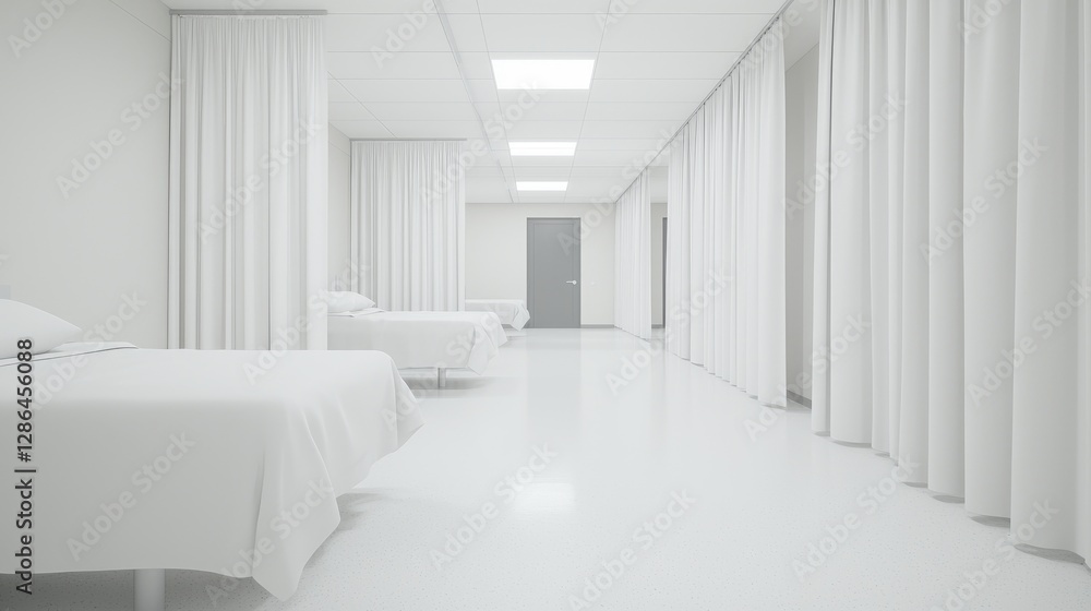 Sterile hospital ward; empty beds, white curtains; medical background Sterile hospital ward; empty beds, white curtains; medical background