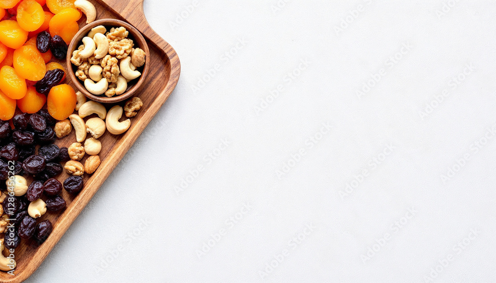 Una bandeja de madera con orejones, pasas, anacardos, nueces y un plato de nueces mixtas, colocada sobre una superficie blanca texturizada Una bandeja de madera con orejones, pasas, anacardos, nueces y un plato de nueces mixtas, colocada sobre una superficie blanca texturizada