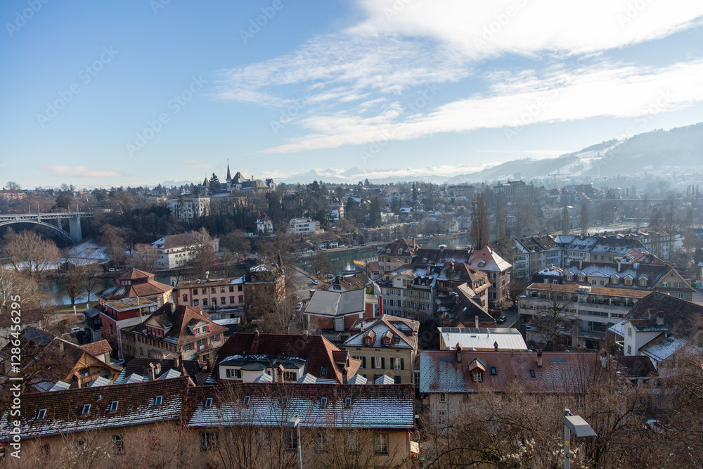 Switzerland, Bern cityscape, modern and traditional architecture buildings along the Aare river Switzerland, Bern cityscape, modern and traditional architecture buildings along the Aare river
