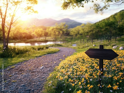 Navigate Life's Path A Nature Signpost Guiding Ethical Decisions Discover serenity and wisdom amidst a lush landscape with a symbolic signpost labeled Integrity, Honesty, and Ethics This evocative