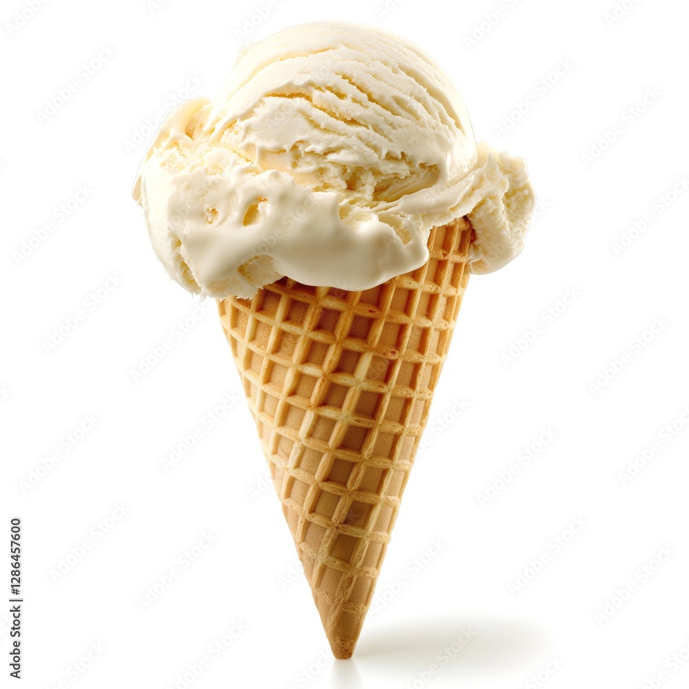 A delicious, creamy vanilla ice cream scoop atop a classic waffle cone, perfect for warm days. A delicious, creamy vanilla ice cream scoop atop a classic waffle cone, perfect for warm days.