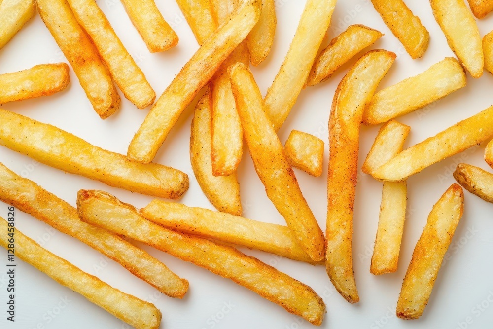 golden crispy french fries arranged artistically on white surface showing perfect texture and seasoning topdown perspective with soft shadows golden crispy french fries arranged artistically on white surface showing perfect texture and seasoning topdown perspective with soft shadows