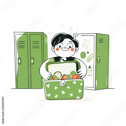 Vector illustration of a happy student opening a lunchbox in front of school lockers, symbolizing school life, nutrition, and daily routine. Cute and cheerful design.