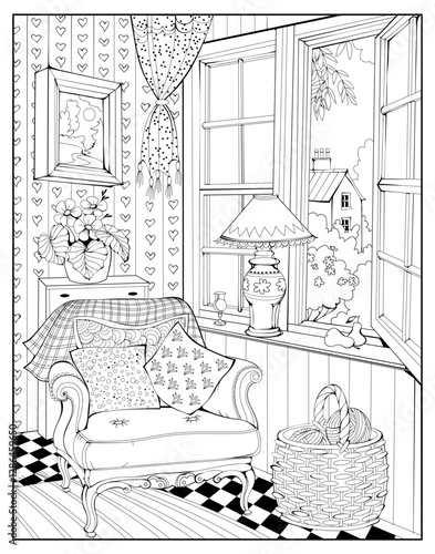 Illustration of a charming ancient room interior with an armchair near an open window. Page for coloring book. Black and white drawing. French architecture. Hand drawn vector.
