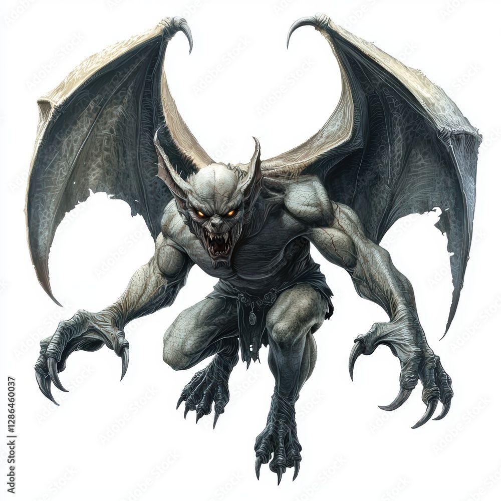 Fototapeta premium Gargoyle-inspired winged demon with sharp talons and menacing glowing eyes, ready to attack, isolated on white