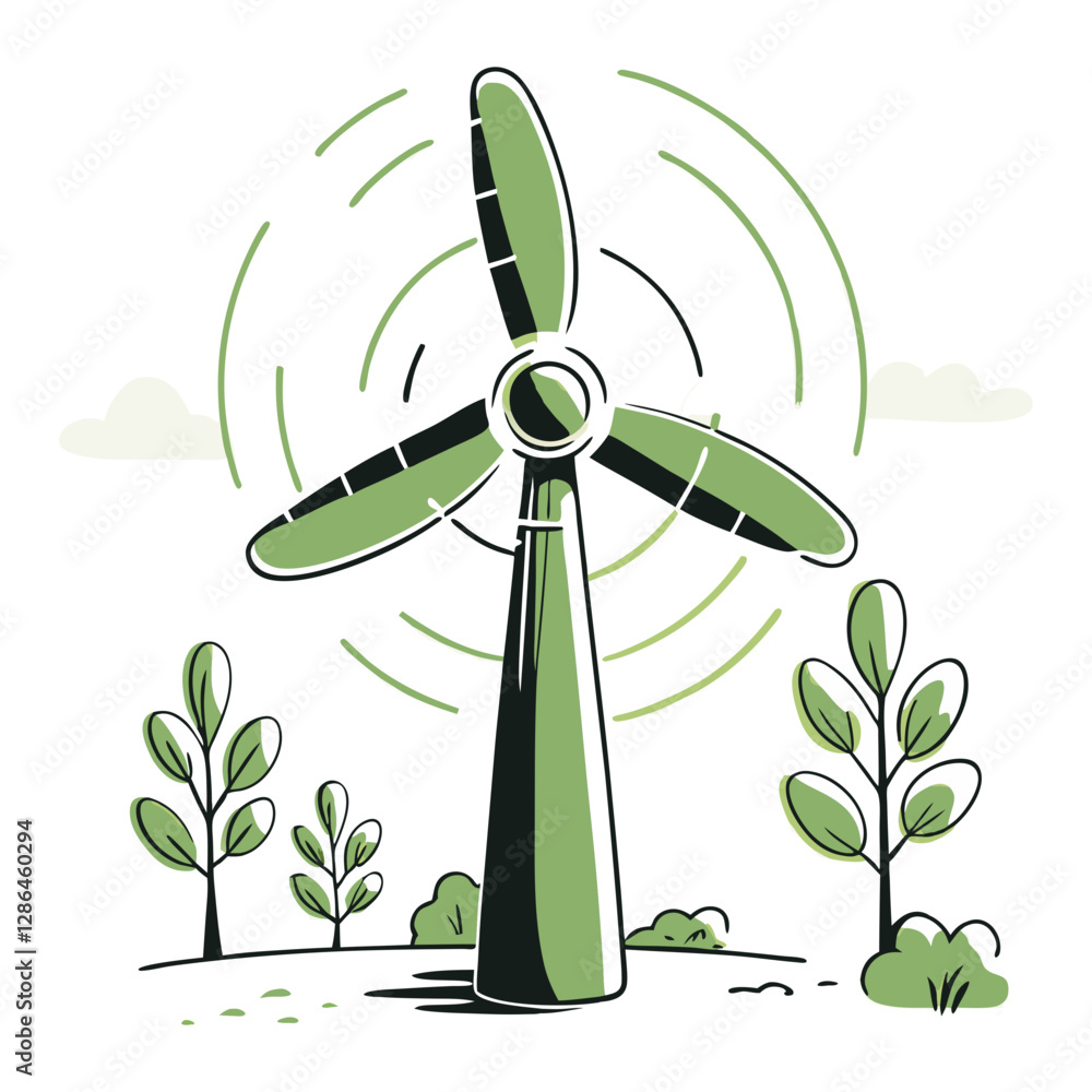 Illustration of a green wind turbine surrounded by trees, symbolizing renewable energy, sustainability, eco-friendly technology, and clean power generation. Illustration of a green wind turbine surrounded by trees, symbolizing renewable energy, sustainability, eco-friendly technology, and clean power generation.