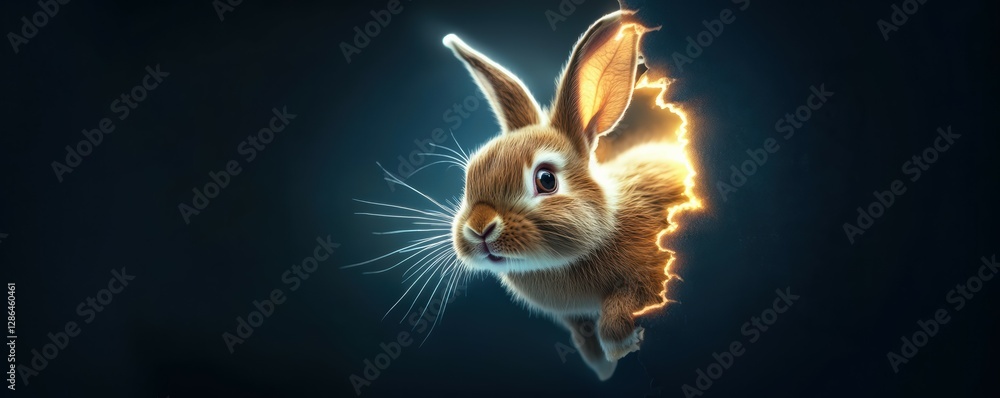 Obraz premium A curious bunny bursts through a glowing hole in a dark wall. The dramatic lighting and electric sparks create a surreal and powerful visual, blending fantasy with striking realism.