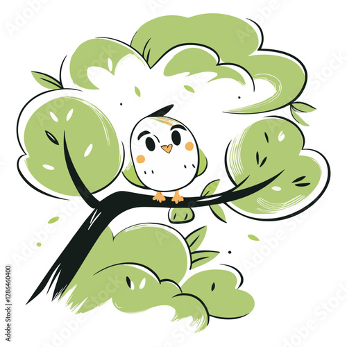 A cute illustration of a small bird perched on a tree branch surrounded by fluffy green foliage.