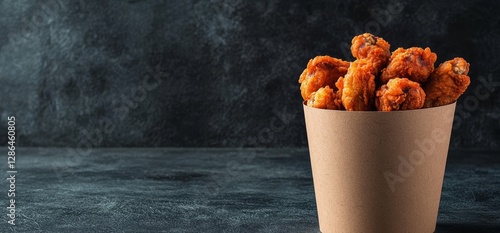 Photo of a cardboard cup filled with crispy chicken wings on a dark background, front view shot. Web banner with copy space on the right. 