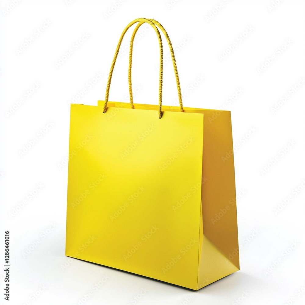 Vibrant Yellow Paper Shopping Bag with Rope Handles on a White Background Vibrant Yellow Paper Shopping Bag with Rope Handles on a White Background