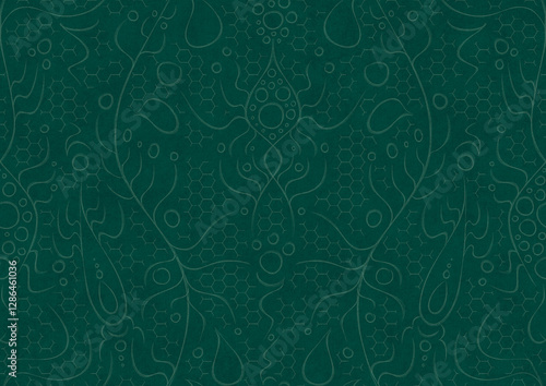 Wallpaper Mural Hand-drawn unique abstract symmetrical seamless ornament. Bright semi transparent green on a deep cold green background. Paper texture. Digital artwork, A4. (pattern: p13-2a) Torontodigital.ca