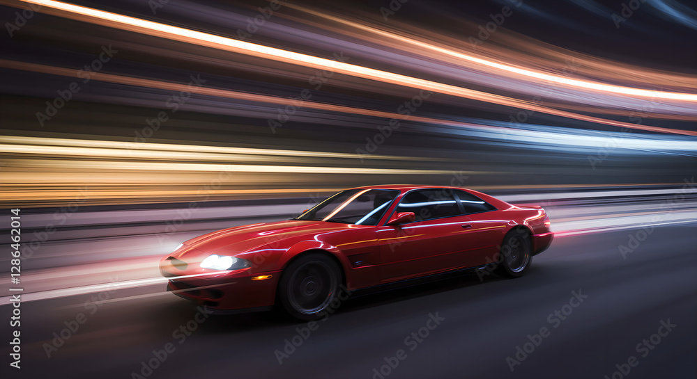 Fast moving red sports car on night road with light trails. Dynamic automotive shot with motion blur effect. Modern vehicle in urban setting. Speed and luxury concept for ads Fast moving red sports car on night road with light trails. Dynamic automotive shot with motion blur effect. Modern vehicle in urban setting. Speed and luxury concept for ads