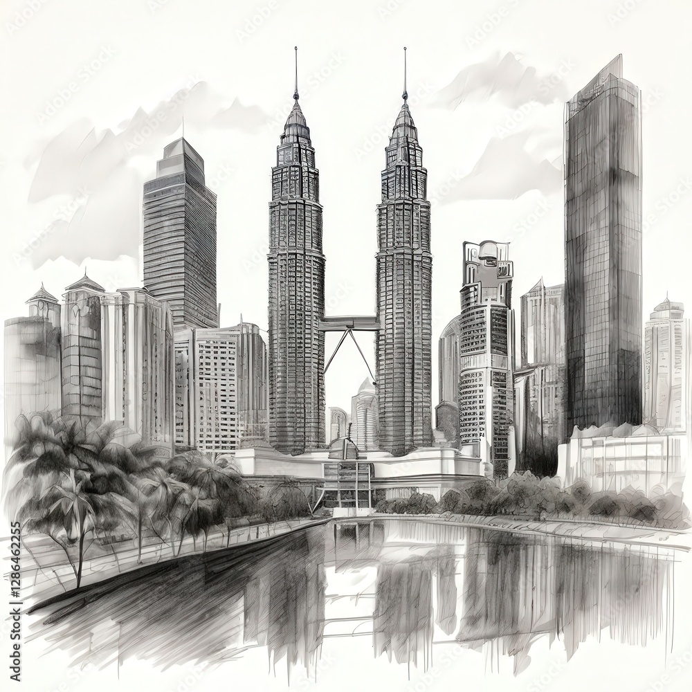 Fototapeta premium an AI Image Generator, Black and White Drawing of Modern Cityscape