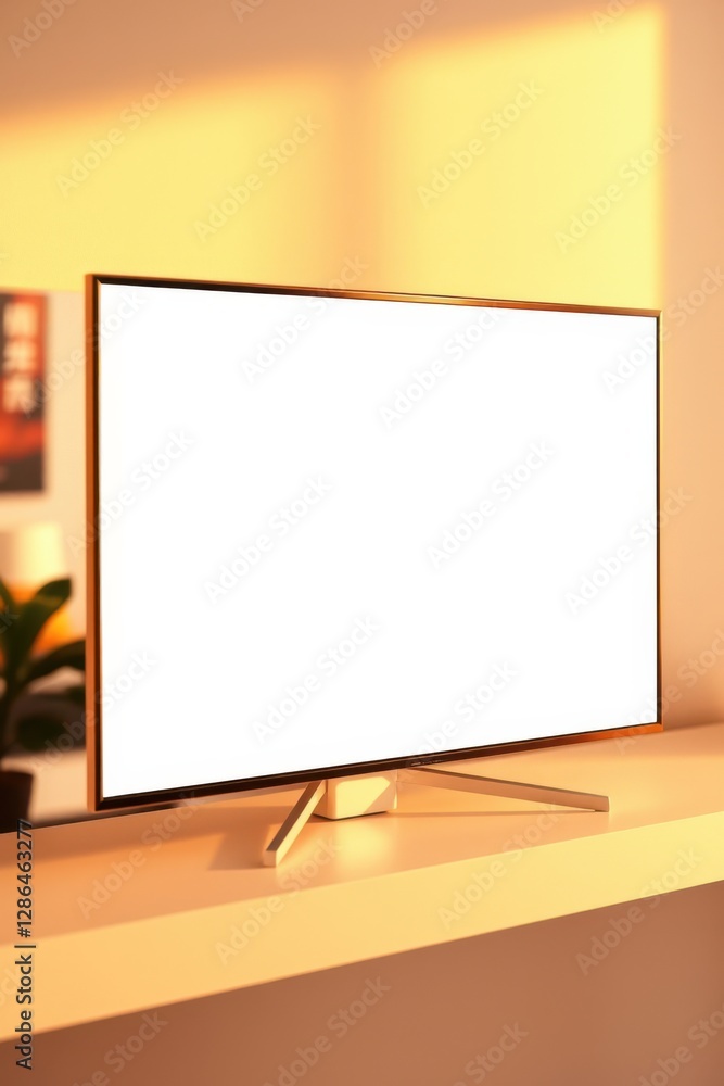 Fototapeta premium Sleek flat-screen display on a shelf, glowing with warm light and a minimalistic aesthetic. Modern design.