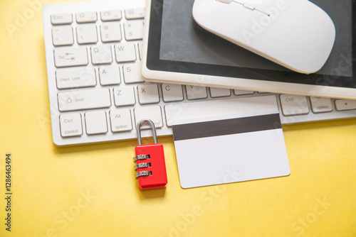 Wallpaper Mural Padlock, credit card, computer keyboard on the yellow background. Torontodigital.ca