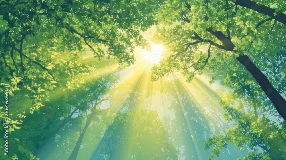 Obraz premium Sunlight filters through forest canopy