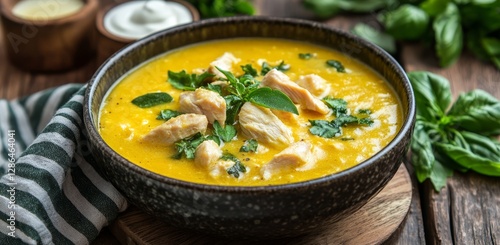 A bowl of yellow soup with chicken and green herbs on top, placed against the background of a wooden texture. The side is decorated with fresh greens to add color contrast. 
